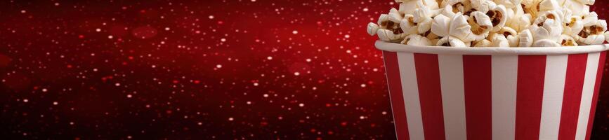 Delicious popcorn in a striped container against a festive red background photo