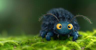 Closeup of a fuzzy blue bug with big yellow eyes in the grass photo