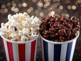 Popcorn and chocolate crunch snacks in striped containers photo