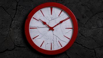 cracked red and white clock face on dark background photo
