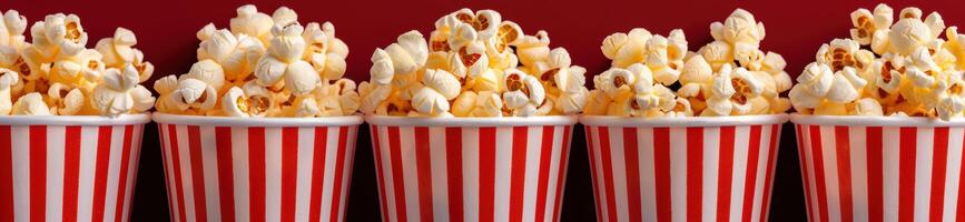 Delicious freshly popped popcorn in striped buckets photo