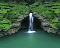 Serene waterfall in lush green forest photo