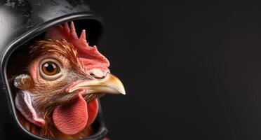 close up of a roosters head in a black helmet photo