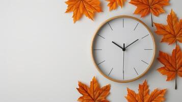 autumn leaves and clock on white background photo