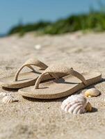 beach sandals and seashells on sandy shore photo