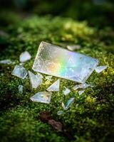 Iridescent crystal shards on a mossy forest floor photo