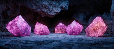 Glowing amethyst crystals in a dark cave photo