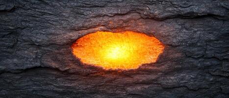 Glowing molten rock in a dark cave photo