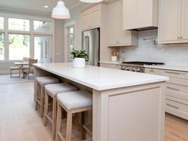 modern white kitchen with island and bar stools photo