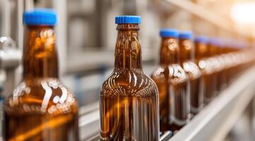 Closeup of amber colored glass bottles with blue caps photo