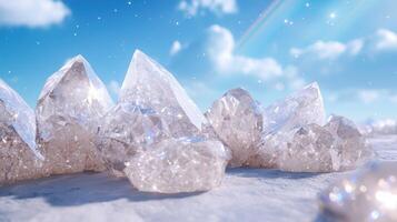 Sparkling crystal clear quartz crystals in winter landscape photo