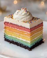 Colorful layered cake with sprinkles photo