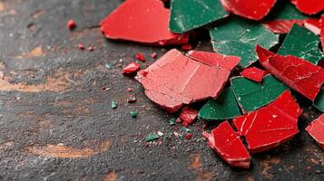 Broken red and green glass shards on a dark surface photo