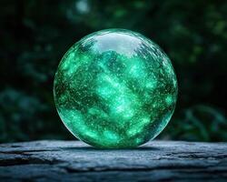 Glowing green crystal ball in dark forest photo