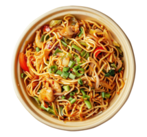 Wok noodles in a round disposable bowl isolated on transparent background png