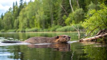 Beaver on water and trees. Big beaver in a river outlet gnawing on a branch. Detailed view of a beaver, with a focus on its wet fur and attentive eyes in its natural habitat. photo
