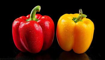 Ripe red and yellow sweet peppers isolated on black background. There are two colorful peppers on the dark table. There is dark photography of yellow, red capsicums. Top view, close up, copy space. photo