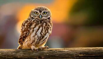 A little owl perched on a wooden beam. A little owl, close up. A long-eared owl sits on a tree branch. Portrait of a Eurasian eagle owl. Wild nature. Sunny day. Selective focus. photo