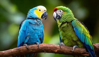 Two parrots are perched on a branch, one green and one blue. Vibrant blue and green macaws perched on a branch in a lush green tropical garden. Birds are brightly colored and have intricate patterns photo