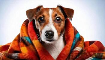 Jack Russell Terrier dog wrapped in a blanket. Close up. Funny puppy in warm throw blanket rests in bedroom. Small dog after bath or shower wrapped in beautiful plaid. photo