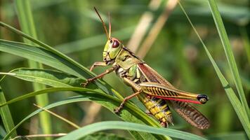 Large grasshopper in great detail perched or sitting on grass. Common field grasshopper sitting on a green leaf macro photography in summertime. Field grasshopper sitting on a plant in summer day. photo