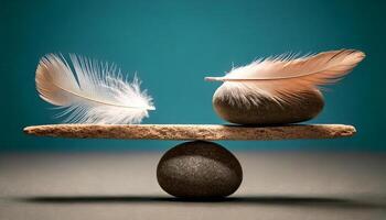 Feather and stone balance. A feather and a stone equally balance. Front view, close up. The balance of the bird's feathers and stones on colorful background. photo