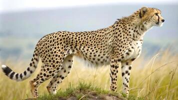 Cheetah is a large cat and the fastest land animal. A stunning image of a cheetah in the wild, showcasing its natural habitat. Close up, selective focus. photo