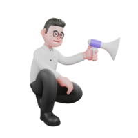 3D Cartoon Filmmaker. A male producer squatted down to grab a loudspeaker. Movie Style png