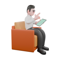 Producer Character in 3D. A male producer sits on a sofa with his left hand holding a tablet and his right hand forming a gun symbol. Professional Cartoon png