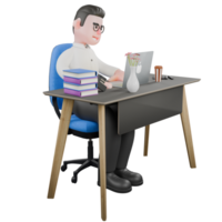 3D Creative Model. A male producer sits on a chair with a laptop on the table while typing with both hands on the keyboard, with a focused expression. 3D Cartoon Model png