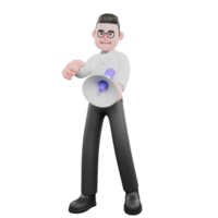 Movie Producer 3D Cartoon. a male producer stands with a loudspeaker in his left hand, a wide smiling expression. Cartoon 3D Model png