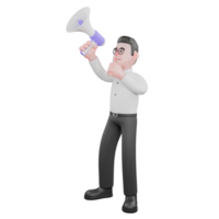 3D Producer Character. A male producer stands with his right hand holding a loudspeaker and his left fist clenched with an excited expression. Studio Style png