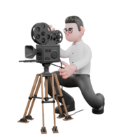 3D Cartoon Model. A male producer crouches next to an analog camera with both hands holding an analog camera. Professional Model png