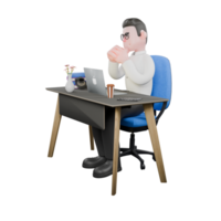Producer Character in 3D. A male producer sits facing to the right while both hands are clasped together with a serious expression. Studio Style png