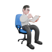3D Producer Character. A male producer sits on a chair with both hands wanting to write on paper. 3D Style png