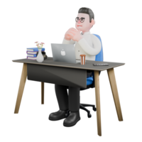 Film Set Cartoon Producer. A male producer sits on a chair with a laptop on a table with both hands clasped together. Studio Style png