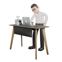 3D Cartoon Model. A male producer stands with a laptop on the table and his left hand is on his hip with an anxious expression. Cartoon 3D Model png