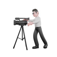 Animated 3D Cartoon. a male producer stands next to a camera with his hand as if he wants to hold the camera. Professional Model png