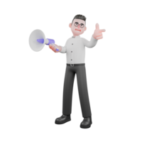 3D Animated Cartoon Producer. A male producer stands while pointing in a certain direction, the other hand carrying a loudspeaker. 3D Style png