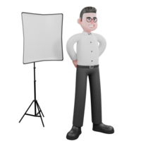 Creative 3D Model. A male producer stands in front of a studio light with both hands behind his body. Cartoon Movie Style png