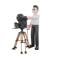 3D Animated Cartoon Producer. A male producer stands behind an analog camera with one hand pointing towards certain. Film Style png