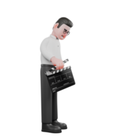 Animated 3D Producer. A male producer stands facing left holding a clap cut board in his hand while his head is lowered. Producer Character png