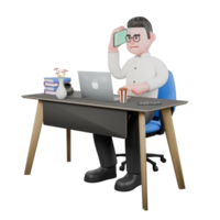 3D Producer Design. A male producer sits on a chair with a laptop on the table with his right hand holding a mobile phone and his left hand typing on the keyboard. 3D Cartoon Model png