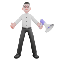 Film Scene 3D Producer. A male producer stands with both hands open and his left hand holding a loudspeaker. Professional Illustration png