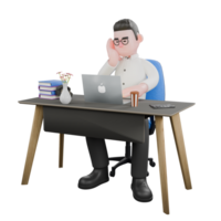 Movie Producer 3D Model. A male producer sits with a laptop on the table and his right hand is propped up on his cheek while his left hand is typing on the keyboard, with a thoughtful expression. png