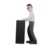 3D Cartoon Model. a male producer stands next to a speaker with both hands on the loudspeaker. Animation png