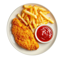 Plate with French fries, chicken schnitzel and ketchup isolated on transparent background, top view png