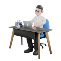 3D Producer Design. A male producer sits with a laptop on a desk while typing with both hands on the keyboard, with a focused expression. Professional Illustration png