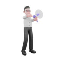 Creative 3D Cartoon Producer. A male producer stood up holding a loudspeaker and bit his right thumb, an anxious expression. Model Style png