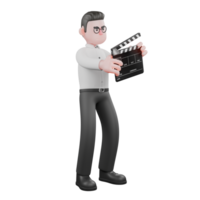3D Producer Model. a male producer stands while holding a clap cut board in both hands. Animation Pro Illustration png